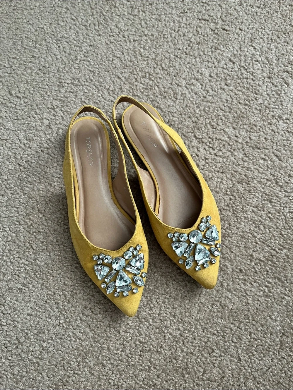 TOPSHOP Yellow Embellished Pointed Toe Slingback Flats